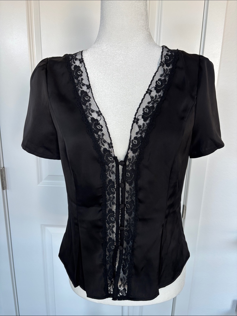 Kinsley + Zoey Black Satin Lace Trim V-Neck Button Front Blouse Top Coquette